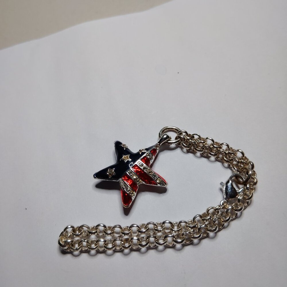 Tommy Hilfiger Vintage Bracelet Star Stripes Charm USA Silver Plated Adjustable